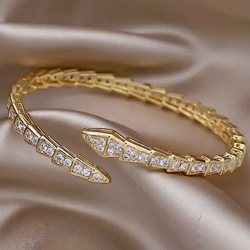 Gold Zircon Snake Bangle Bracelet Ring Set, - Picture 2 of 4